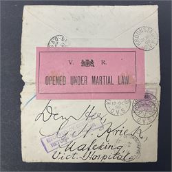 South Africa, Orange Free State, partial cover with one penny stamp cancelled with various postmarks 'Stopped By Censor Return To Sender' purple rectangular stamp and 'V R Opened Under Martial Law' pink slip and three telegrams with various stamp values