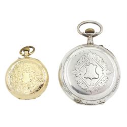Early 20th century 14ct gold keyless lever pocket watch and Swiss silver keyless pocket watch, stamped, white dial with Roman numerals and subsidiary seconds dial, hallmarked