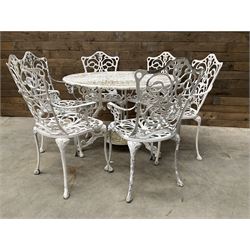Victorian design cast aluminium circular garden table (D109cm, H72cm) and six armchairs 