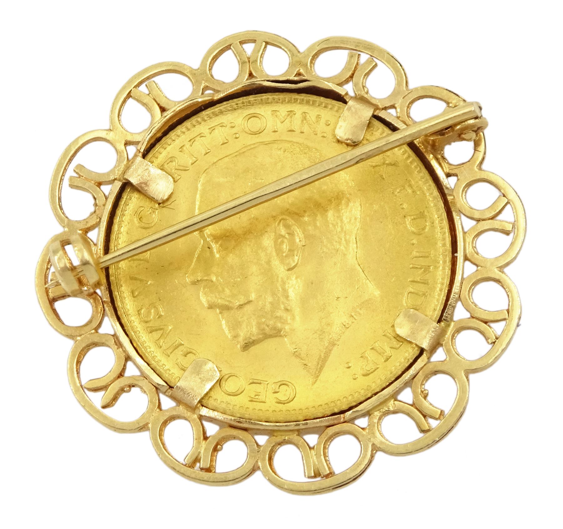 King George V 1925 gold full sovereign coin, loose mounted in 18ct gold brooch