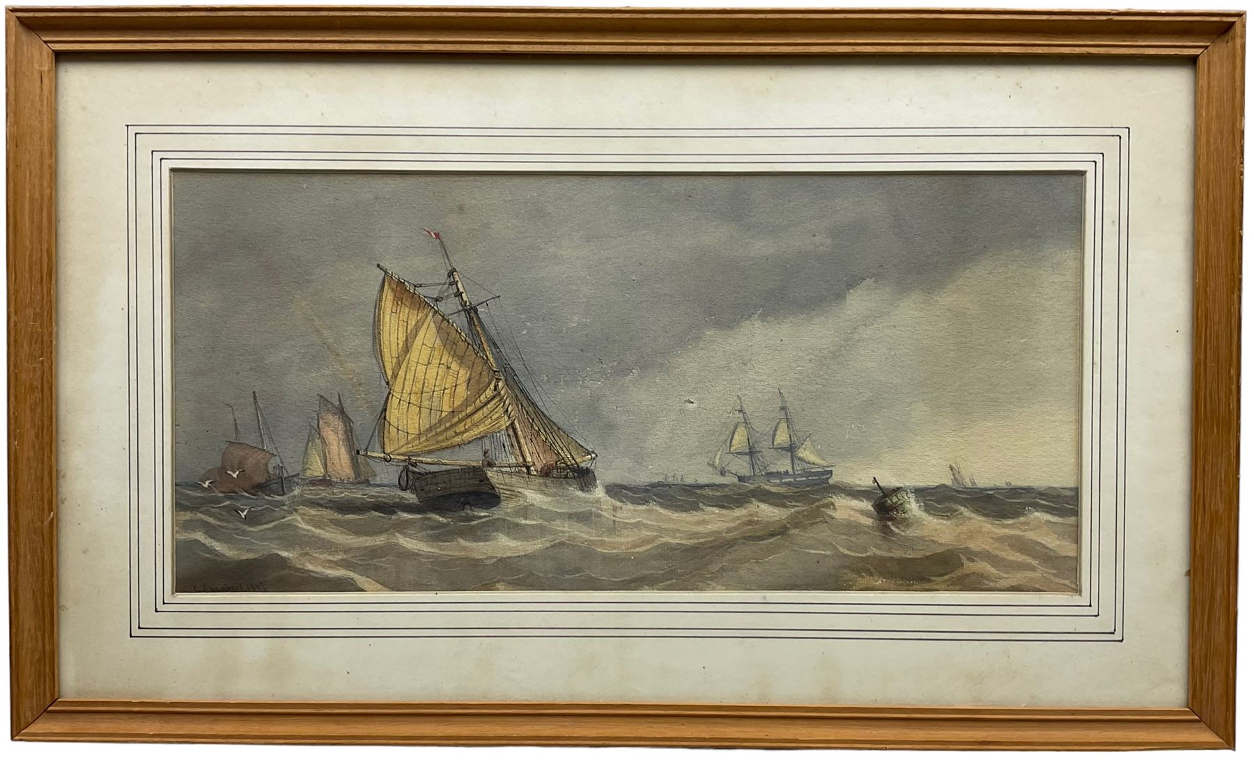 George Chambers Jnr. (British 1829-1878): Yarmouth Boat and other Shipping at Sea, pair watercolours and pencil signed and dated 1967, 23cm x 49cm (2)
