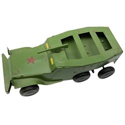 Various Makers - military vehicles comprising Schuco Kubelwagen and two Russian tanks, all boxed; and quantity of unboxed and playworn models including five Crescent Field Guns and Ammunition Limbers, Crescent Heavy Rescue Crane, Johilco Mobile Searchlight, Britains German Army BMW Combination, two Skybirds trucks etc; and a tin-plate armoured car.