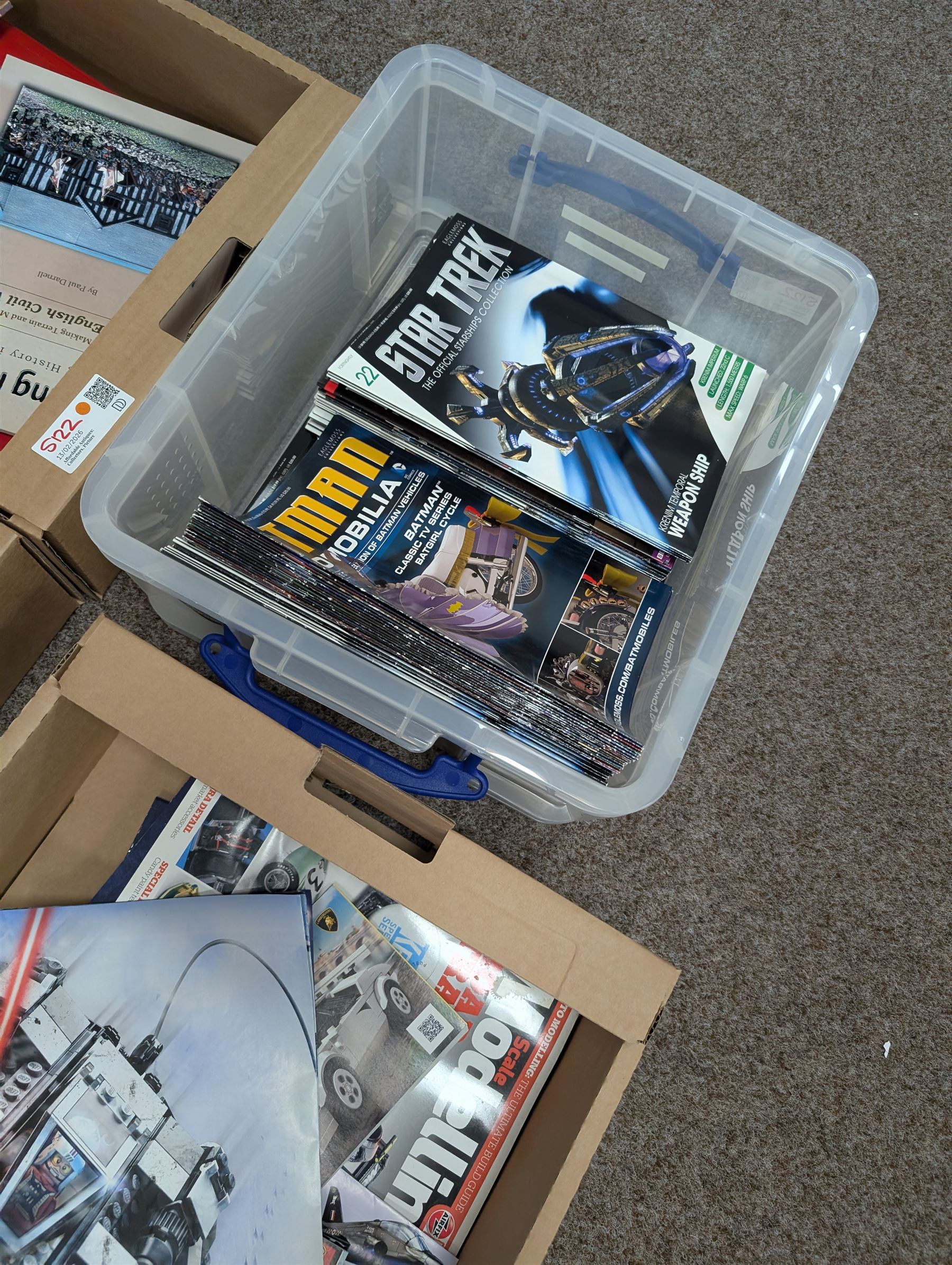 Large collection of books and reference material relating to scale modelling, together with Eaglemoss Star Trek magazines, Batman Automobila magazines, Lego manuals, in seven boxes