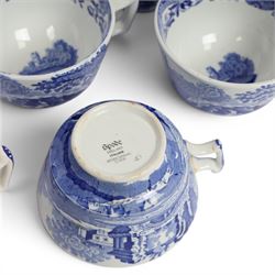 Spode Italian pattern tea and coffer service for eight place settings, comprising teapot, coffee pot, milk jug, cream jug, open sucrier, sandwich plate, cake plate, cake stand, side plates, teacups and saucers, coffee cans and saucers
