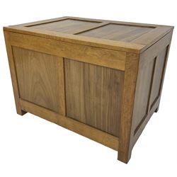 20th century panelled oak blanket chest, rectangular hinged top, raised on square supports