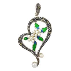 Silver marcasite, pearl and enamel flower pendant, stamped 925