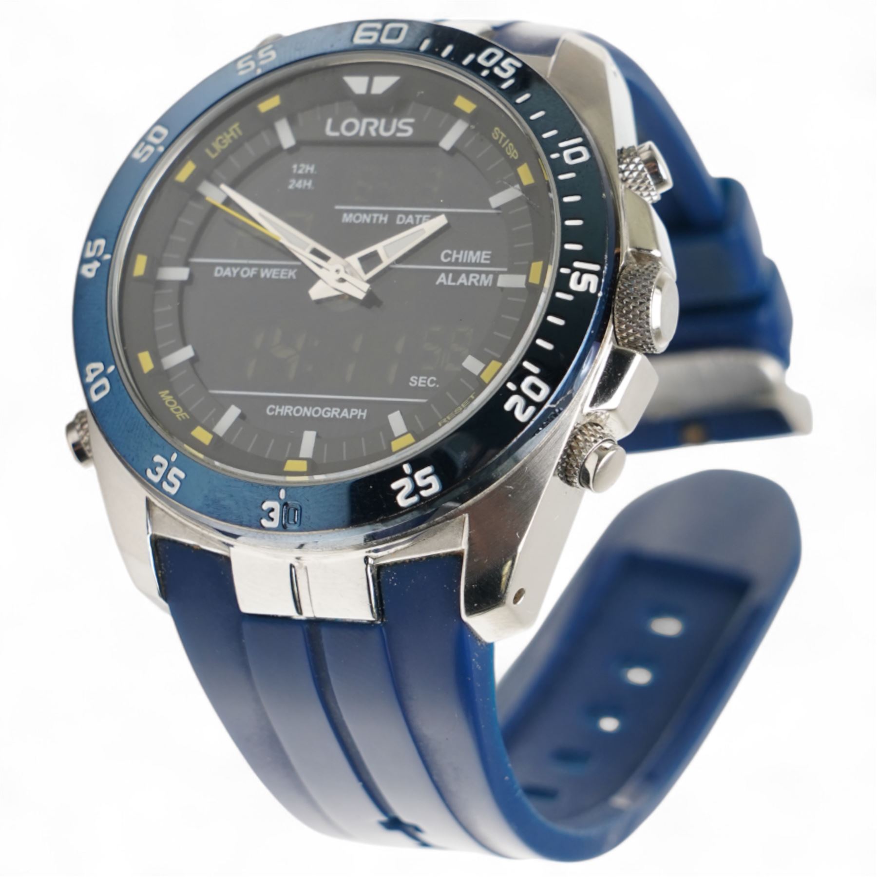 Three wristwatches including two Citizen Eco-Drive and a Lorus chronograph charm alarm, all quartz movements