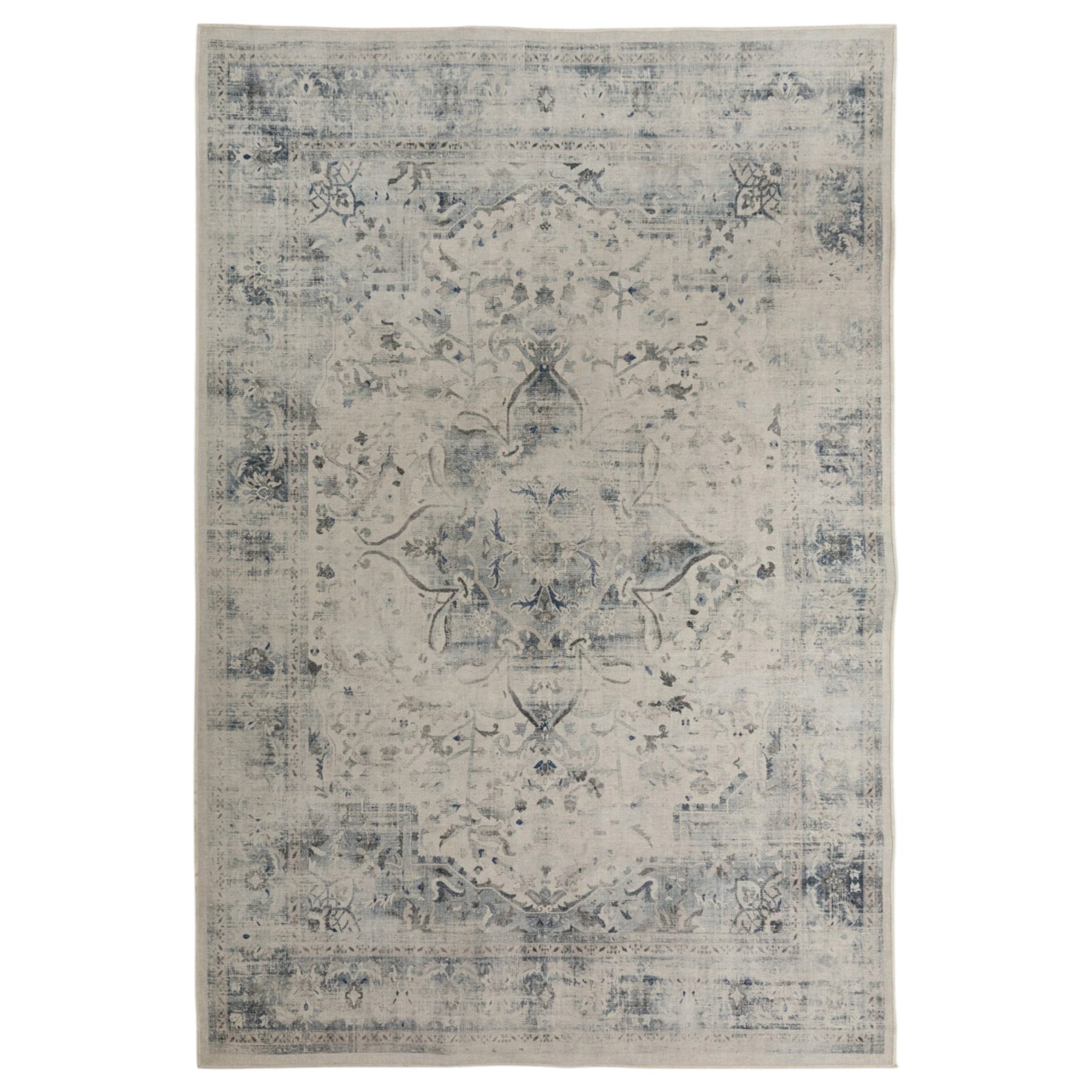 Ruggable - ‘Sarrah’ blue quartz flatwoven washable rug, ivory ground with blue and grey floral medallion, scrolling foliage and patterned borders, with a distressed effect finish, two-piece construction comprising a removable cover and separate pad, with a water-resistant and stain-resistant polyester barrier