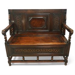 20th century oak monks bench, rectangular panelled back with carved foliate detail, solid ...
