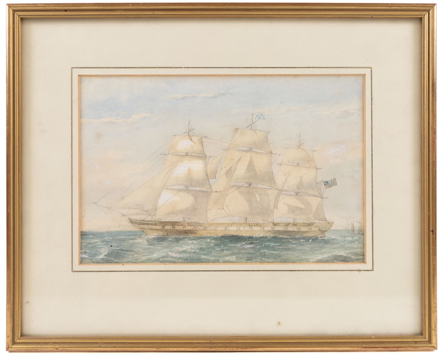 American School (19th century): Racing Yachts, watercolour and gouache indistinctly signed and dated San Francisco 18th August 1896, 22cm x 38cm
English School (19th century): 'Mr Green's Ship 'Agamemnon' with Troops for India 1857, watercolour unsigned 16cm x 24cm (2)