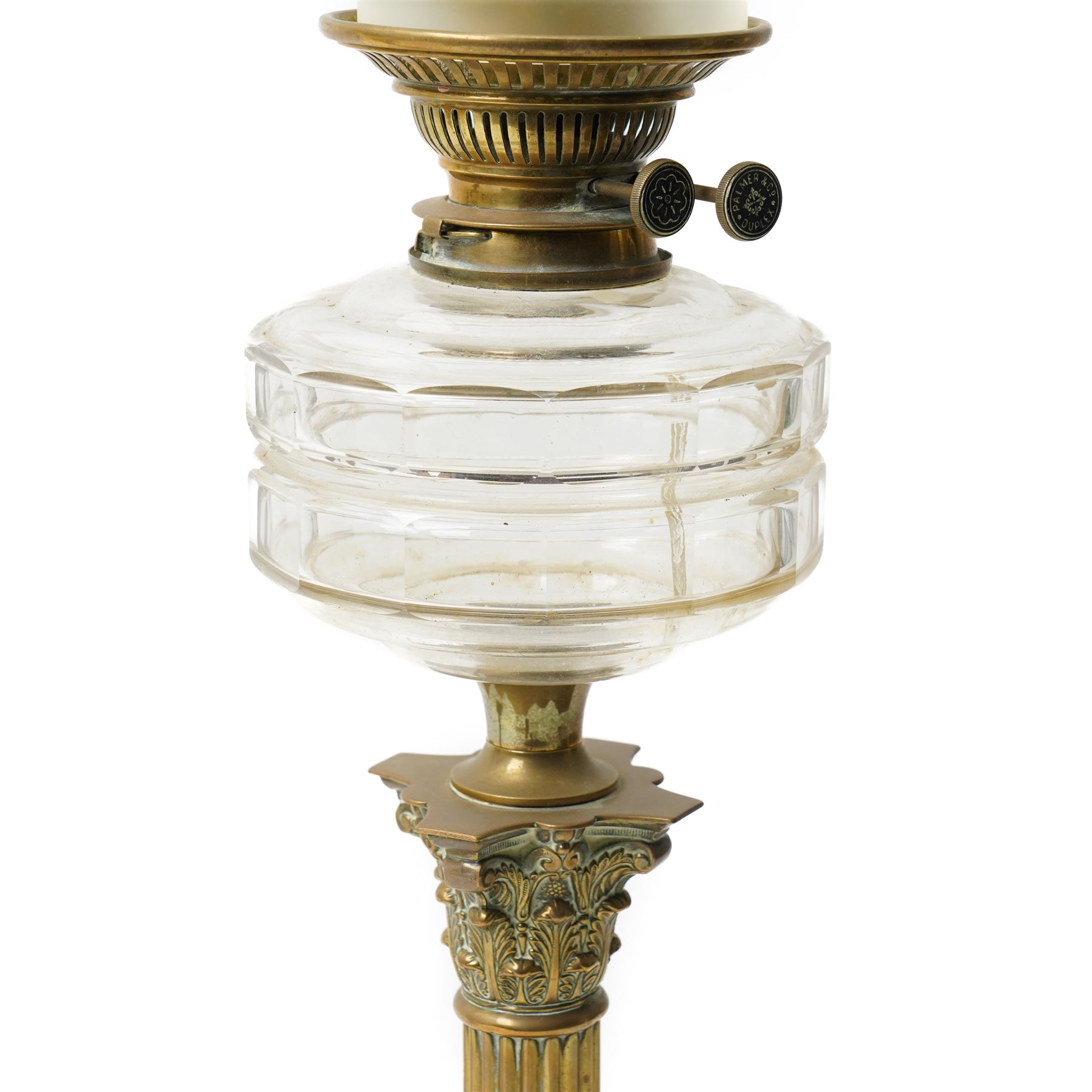 Pair of Victorian table oil lamps with clear glass reservoirs on brass Corinthian columns and stepped square bases with chimneys and etched glass shades H71cm overall