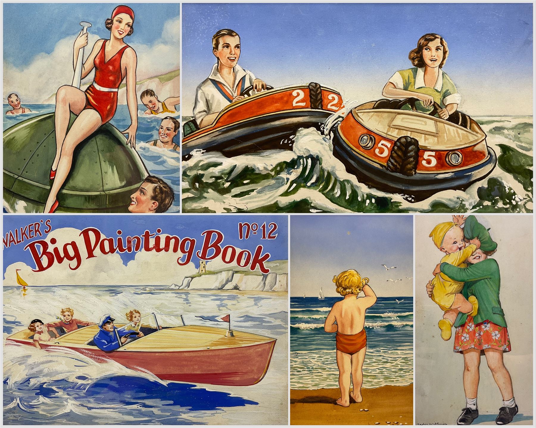 Madge Williams (British 1903-1986): 'My Baby's Got Rhythm', gouache signed together with 'Walkers Big Painting Book Number 12' 'Bumping Boats' 'Attracted to Bouys' and 'I See the Sea Now', set of four original gouache 1950's style postcard illustrations unsigned max 22cm x 31cm (5)