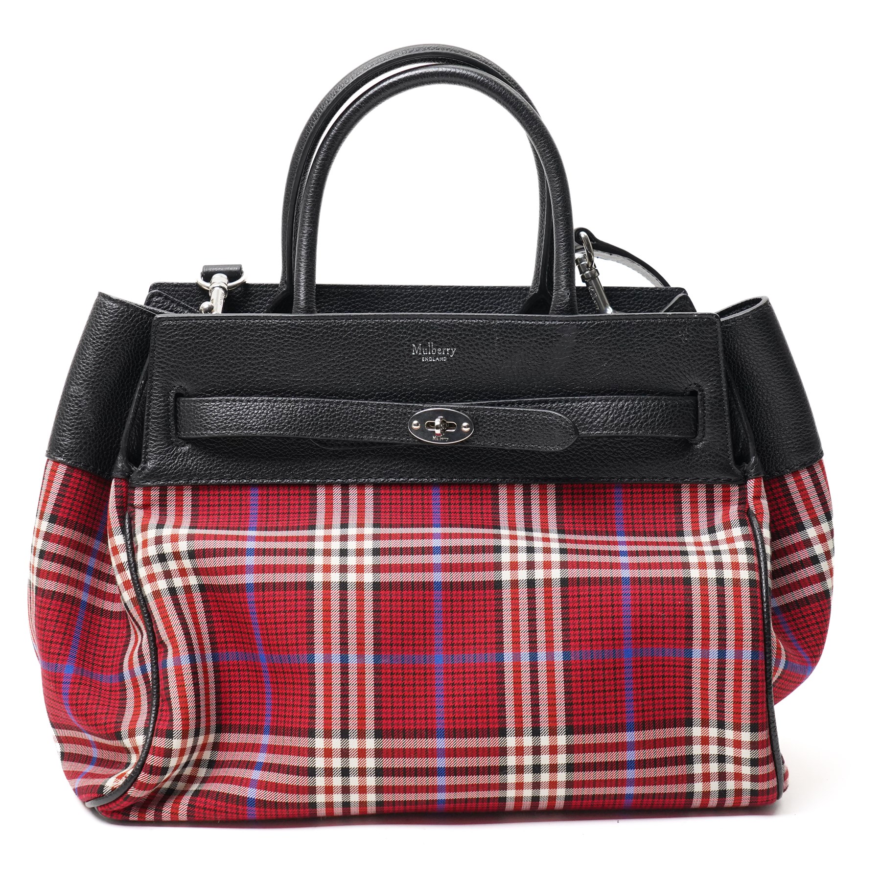 Mulberry - Belted Bayswater Tartan Check handbag in Scarlet tartan check fabric with black grained leather trim, the structured body with twin rolled leather top handles, detachable shoulder strap, silver-tone Postman’s Lock fastening and belted front detail, with original Mulberry product tag, care booklet and dust bag
