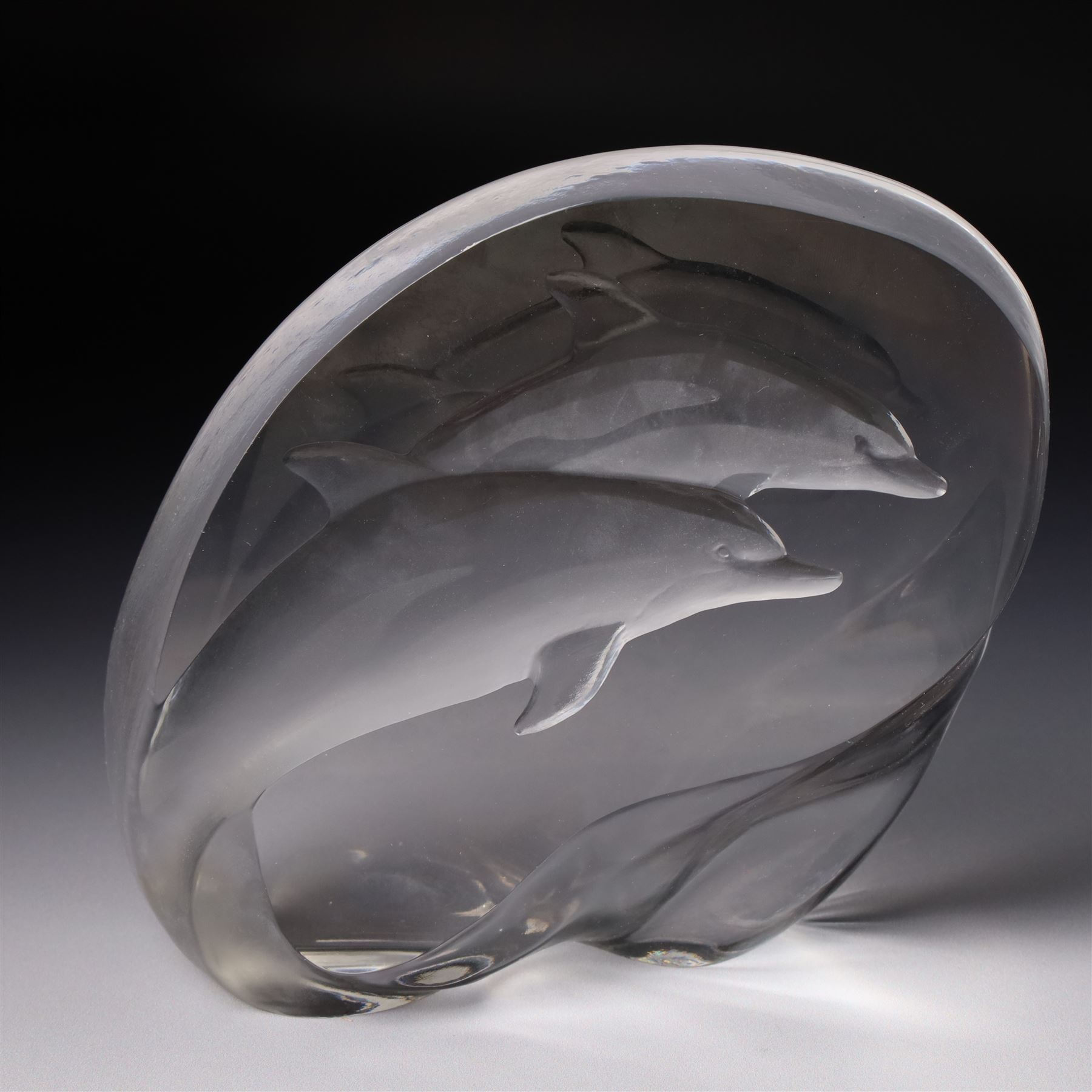 Mats Jonasson Signature Collection glass dolphin, two Caithness glass vases with dolphin decoration, Bohemia glass dolphin, Swarovski dolphin and other dolphin items