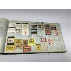 Quantity of vintage matchbox covers housed in old ledger, including Austrian, American and English examples