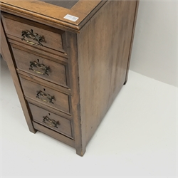  Edwardian oak twin pedestal desk, inset leather top, nine graduating drawers, stile supports, W122cm, H78cm, D63cm  
