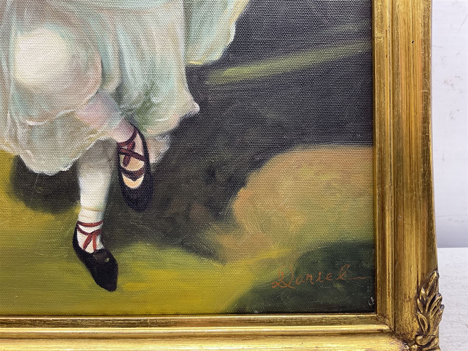 After Edgar Degas (French 1834-1917): Little Girl Carrying Flowers, oil on canvas reproduction signed 'Daniel' 39cm x 29cm