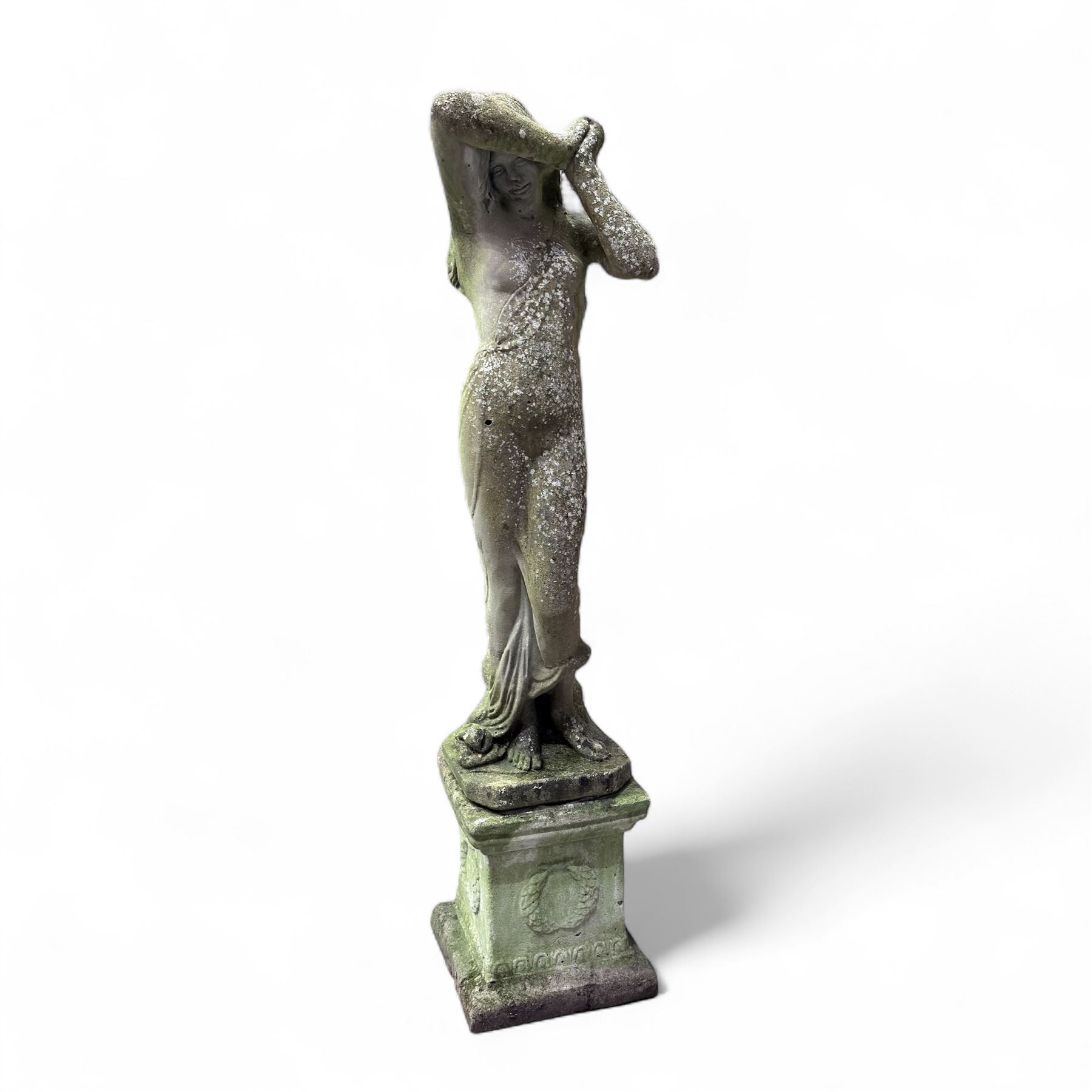 Cast stone garden statue figure, on plinth 