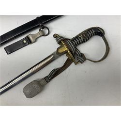 WW2 German Army Prinz Eugen Pattern Officers Dress Sword by Carl Eickhorn, the 80.5cm slightly curving fullered blade with makers name to the ricasso, gilt brass hilt with eagle to the cross-piece and relief of oakleaves to the ferrule, Prinz Eugen style down winged eagle to the pommel of the backstrap; grip retains the original wire binding; in original black painted scabbard with single hanging ring, leather hanger marked 'RZM M5/71 OLC' and silvered knot L97cm overall