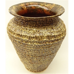  Textured stoneware vase with brown glaze, indistinctly signed in pencil, C. Lasson?, H34cm    