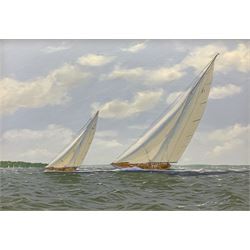 George Drury (British 1950-): 'Yankee and Valsheda Racing off Cowes 1935', oil on board signed, titled verso 40cm x 57cm