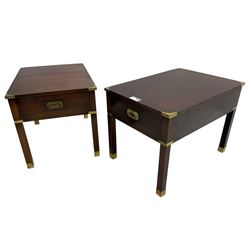 Pair of mahogany military campaign design lamp tables, rectangular form and brass bound, each fitted with single drawer, brass brackets and recessed brass handles, on square supports 