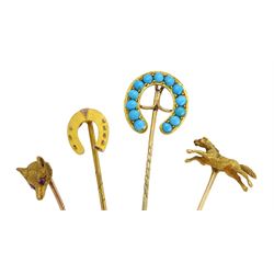 Four Victorian and later gold stick pins including turquoise horseshoe, fox head and galloping horse
