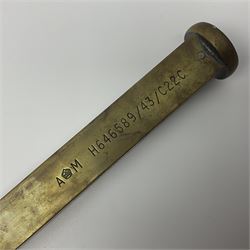 WW2 Air Ministry brass dip-stick of square section stamped A(crown)M H646589/43/C22C; two sets of graduations 'For Use With 50 Gallon Barrels Bulged Sides Only' and 'For Use With 50 Gallon Drums Straight Sides Only' L72cm