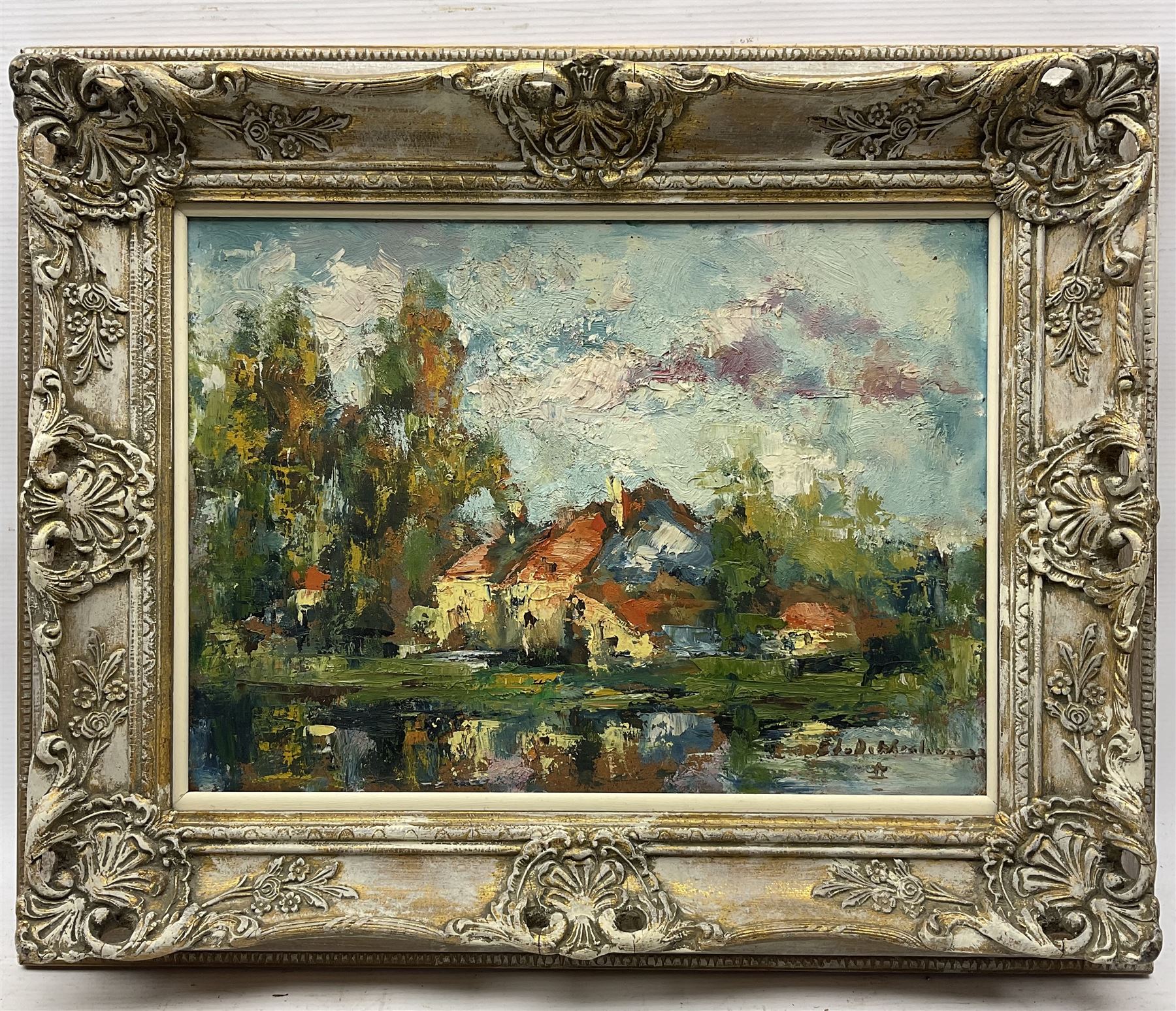 Edmond de Meulenaere (Belgian 1884-1963): House on a Lakeside, oil on board signed 27cm x 38cm 