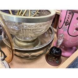 Bohemian style red overlaid glass cut vase, together with two cut glass bowls with metal rims, pink glass table lamp with painted floral decoration, etc