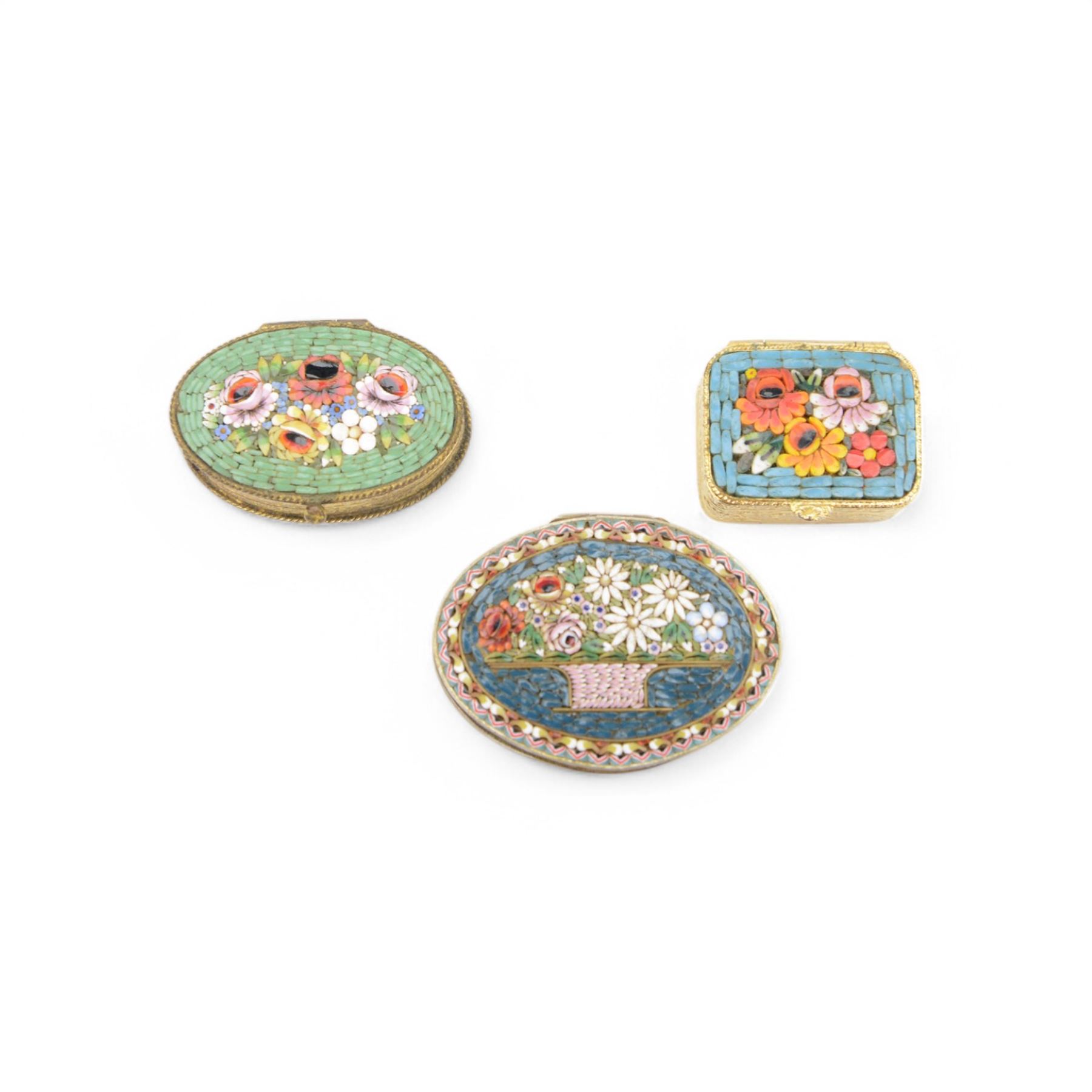 Micro mosaic match box holder, together with six pill boxes, the hinged lids decorated with mosaic floral designs