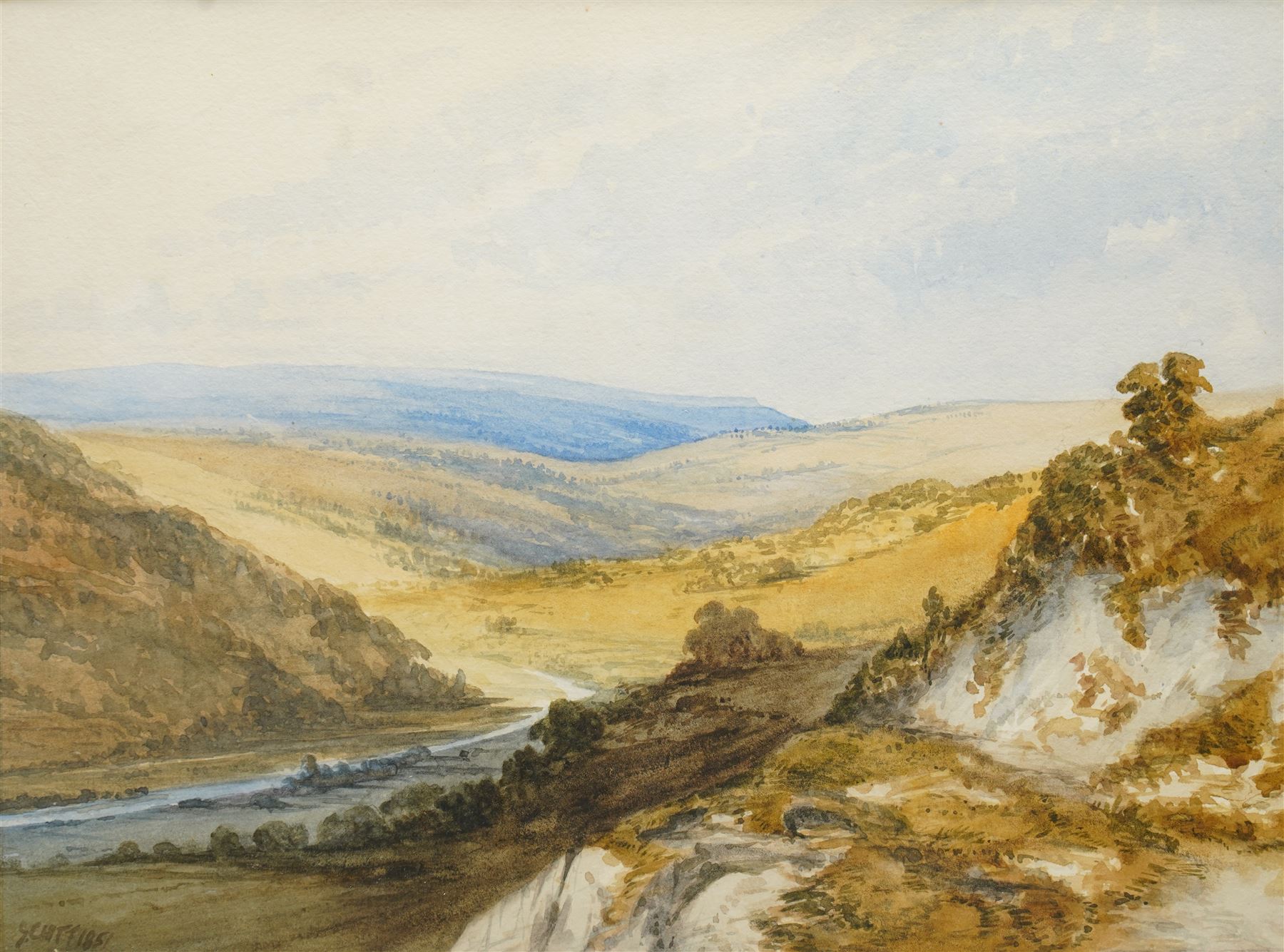 English School (19th century): River Landscape, watercolour signed with initials and dated 1851, 24cm x 33cm