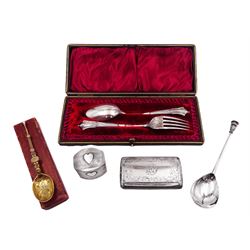 Group of silver, comprising Victorian snuff box, of typical form, with engraved floral and scroll decoration and monogram to front cover, hallmarked Birmingham 1872, maker's mark worn and indistinct,  Victorian christening spoon and fork set, hallmarked W W Harrison & Co, Sheffield 1892, modern seal top spoon, hallmarked C F Hancock & Co, London 1961, silver-gilt fascimilie Coronation Spoon, hallmarked M Bros, Birmingham 1901 and a continental heart design trinket box 