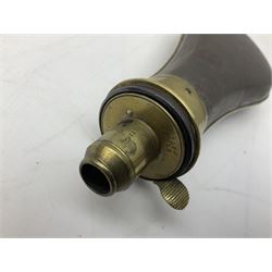 Two Sykes Patent brass mounted small load powder flasks with fire proof safety tops - one with slim plain copper body H17.5cm; the other with plain gun metal body H19cm (2)