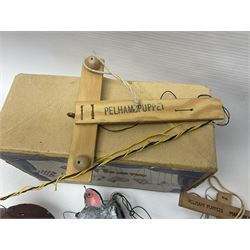 Pelham Puppet - three puppets comprising a painted wooden duck with felt mouth and wings with metal joints H12cm, in original box and instructions; and two further examples Type A cat with a hollow body H12cm, and a boy H23cm (3) 