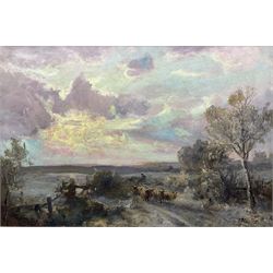 John Falconar Slater (British 1857-1937): Driving Sheep in Winter Sunset, oil on canvas signed 60cm x 90cm