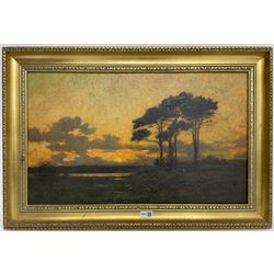 English School (19th century): Sunset over Flatland Landscape with Tree, oil on canvas unsigned 42cm x 70cm