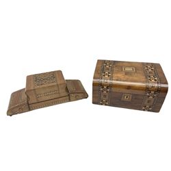 Walnut box with inlaid decoration with a hinged lid and a removable tray, together with a wooden smokers box, largest example H13cm