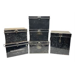 Six metal deed boxes painted black, largest example H39cm