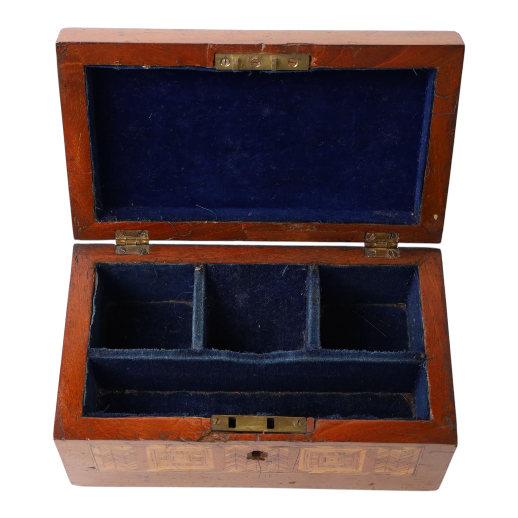19th century satin wood marquetry inlaid correspondents box, the lid with inlaid three-masted sailing ship, opening to fitted compartments,  H1cm, L21cm, D12cm