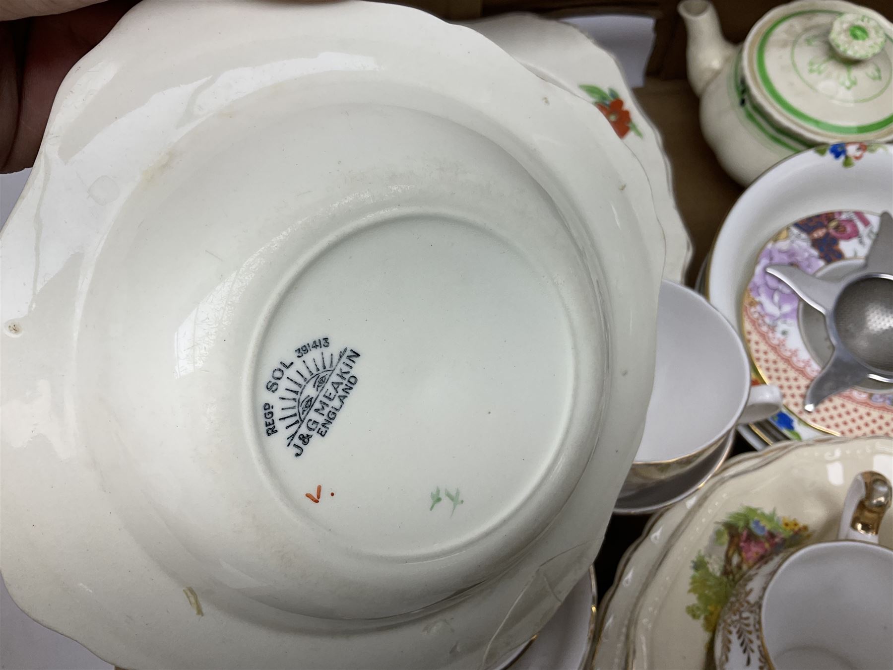Shelley bowl, TG Green measuring jug, Villeroy & Boch sauce boat and stand, Burleigh Asiatic Pheasants plum cow creamer, cylindrical vase, mugs, bowls, jug etc, Spode 'Full Cry' The Hunt plate, Spode Ladybird mugs, Portmeirion, Meakin, Carlton China, teawares, ceramics etc