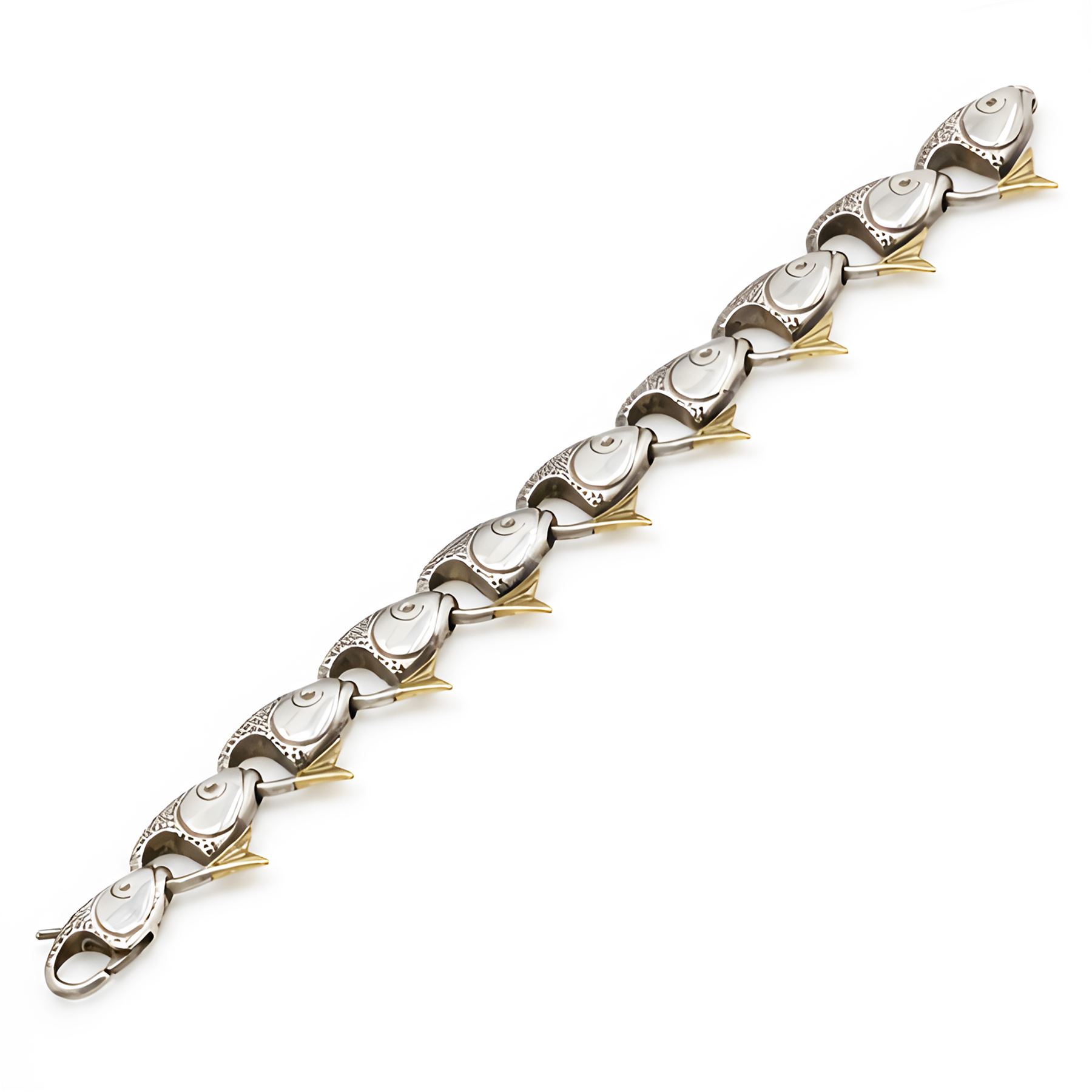 Brett Payne silver and 9ct gold fish bracelet, ten links each with silver fish heads and 9ct gold tails, Sheffield 1998