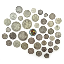  Collection of William III and later British pre 1920 silver coins including 1697 (holed), 1757, 1787, 1886, three 1887, 1892, 1895, 1896 and two 1918 sixpence pieces, various shillings including enamelled 1887 example, 1915, 1916 and 1918 half crowns, fourpence 1840 etc  