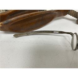 Quantity of mid 19th century and later photographs to include cartes des visites,  together with a small oval mirror, early 20th century clock, Bakelite cigarettes box, three hallmarked silver spoons, pair of Georgian spectacles with extending arms, silver and gold Plated reproduction icon, other silver plate and metal ware etc