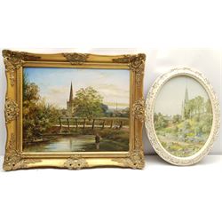 I H Smith (British 20th century): Fishing by a Leicester Church, oil on canvas signed 39cm x 49cm, together with a 20th century oval watercolour of Leicester 39cm x 29cm (2)