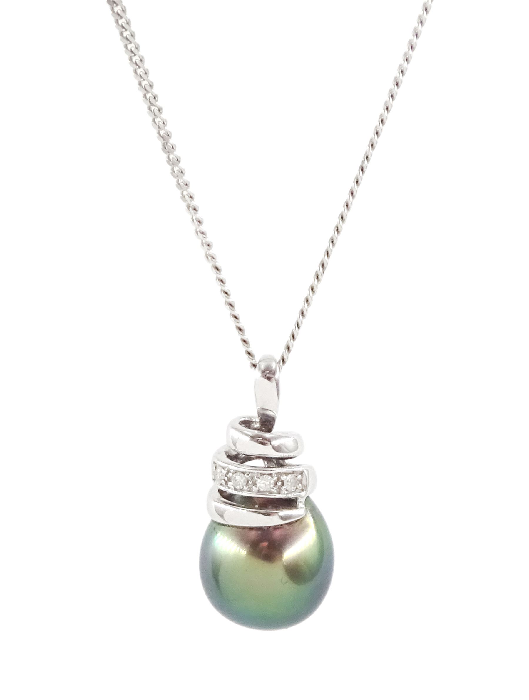 18ct white gold Tahitian pearl and round brilliant cut diamond pendant necklace, hallmarked