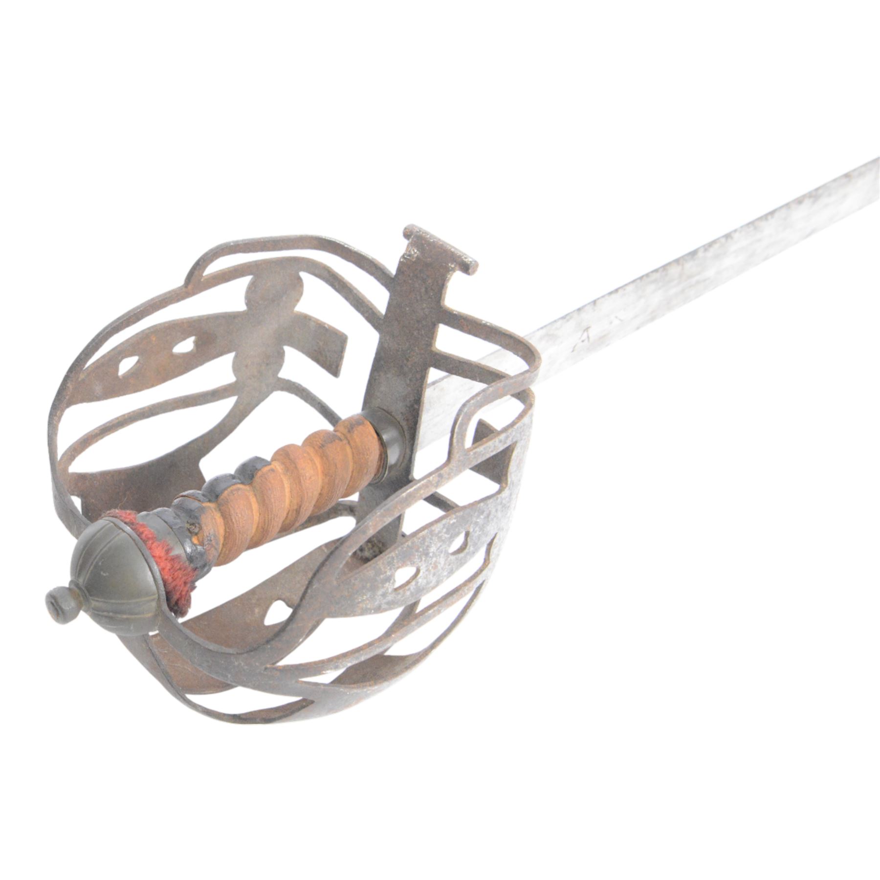 18th century Scottish basket hilt sword, with L82cm double edged blade, the basket hilt with pierced with heart motifs and wood grip, within leather scabbard, overall L96cm 