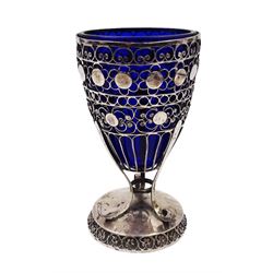 19th/early 20th century silver bon bon dish with blue glass liner, of goblet form with pierced floral decoration throughout, upon circular base, H12cm