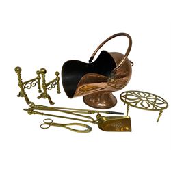 Helmet shaped coal scuttle, together with brass fireside tools
