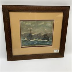 K Dick (British 19th/20th century): 'The Battle of Tsushima' 27th May 1905, scene from the Russo-Japanese War, watercolour signed, biographical information verso 18cm x 22cm